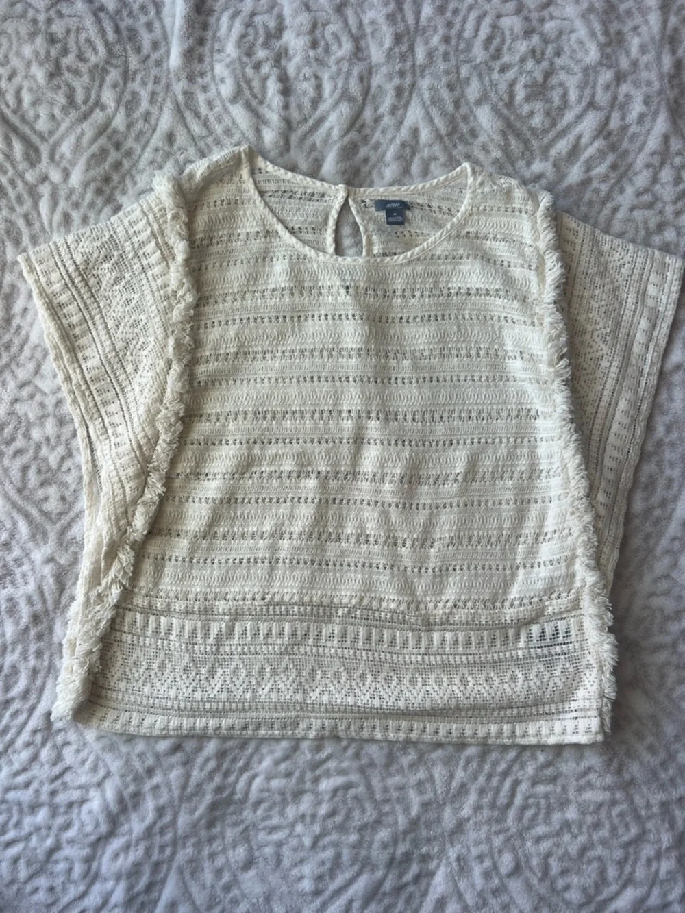 NWOT Aerie White Open-Knit Fringe Trim Short Sleeve Boho Top | Size M - Picture 2 of 10